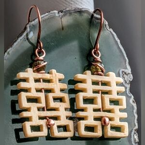 Carved Bone Kanji Earrings Pure Copper Wire Rare Green Apatite Gems